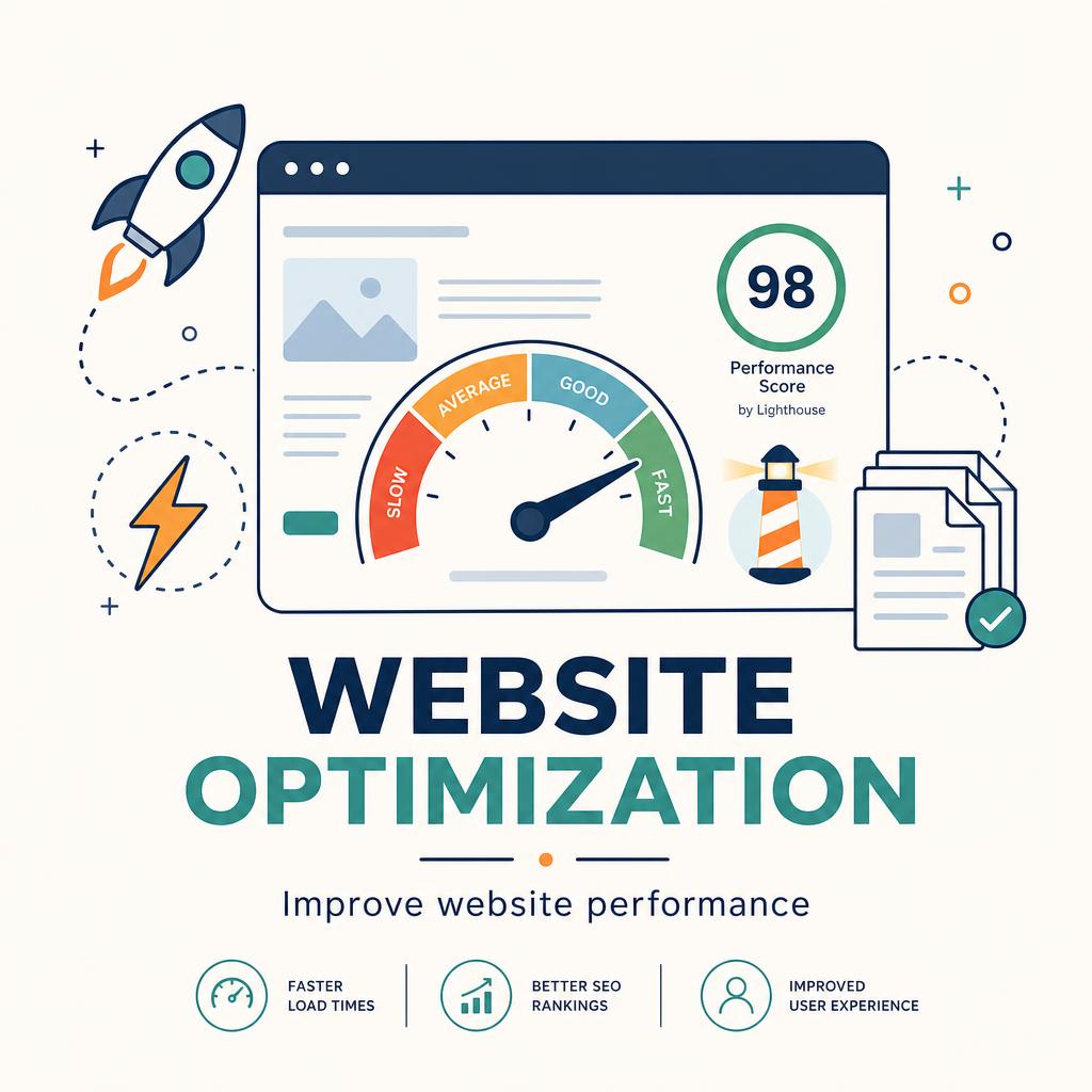 Website speed optimization service cover showing a Lighthouse performance score of 98 and a speed gauge