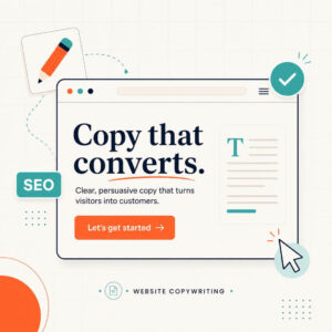Website copywriting service cover with the headline "Copy that converts" inside a browser mockup