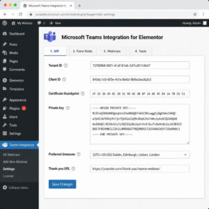 WordPress admin settings for Microsoft Teams Integration for Elementor showing tenant ID, client ID and certificate fields