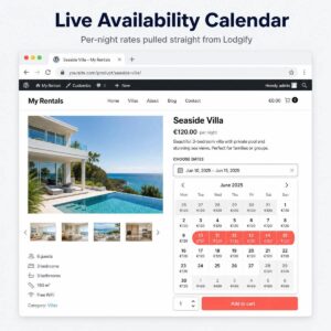Live availability calendar with per-night rates on a WooCommerce vacation rental product page