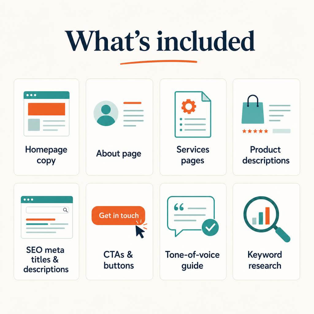 What is included in the website copywriting service: homepage, about, services, product descriptions, SEO meta, CTAs, tone guide, keyword research