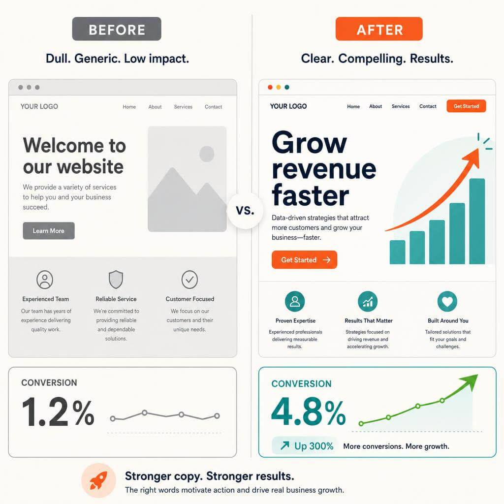 Before and after website copy comparison showing conversion rate rising from 1.2 percent to 4.8 percent