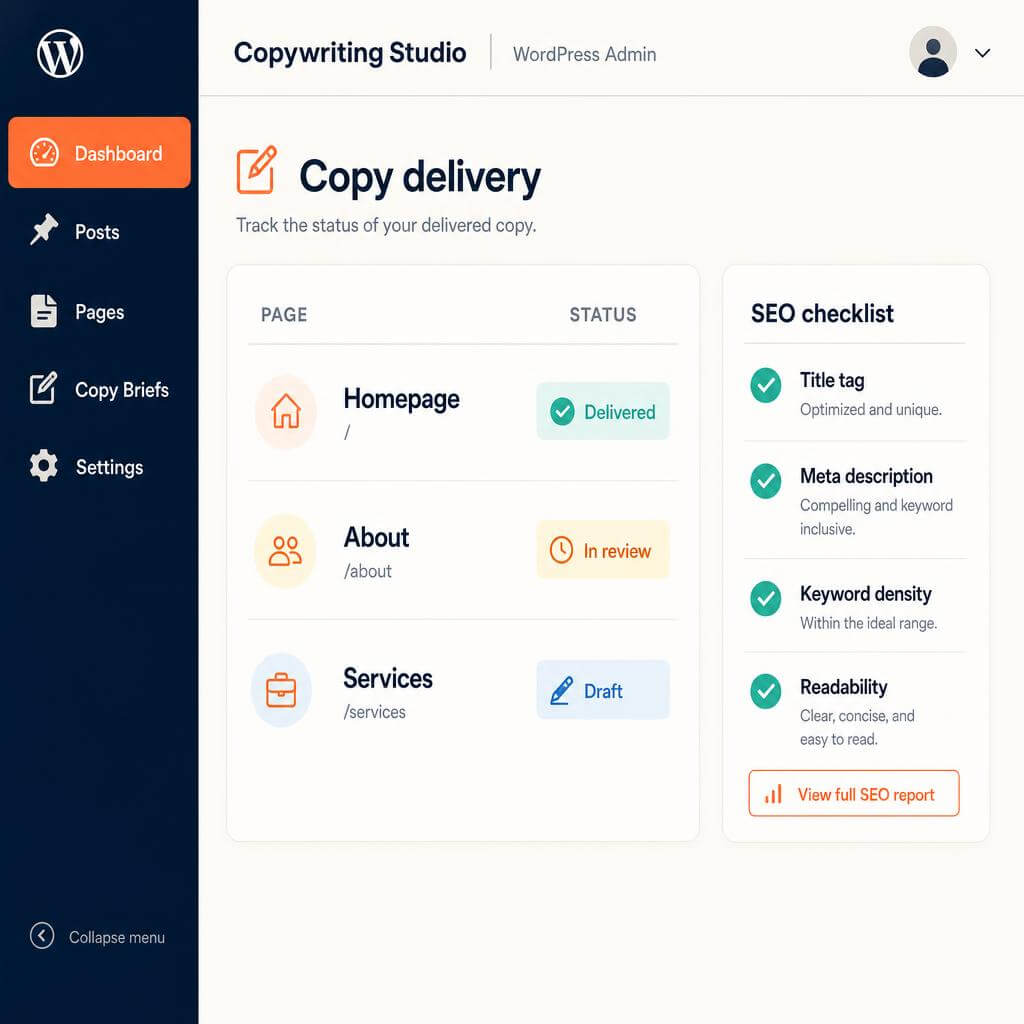 WordPress admin dashboard showing copywriting delivery status and SEO checklist