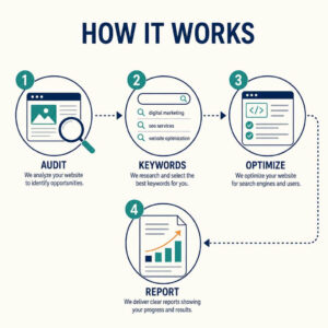 Four-step SEO process: audit, keyword research, on-page optimization and reporting